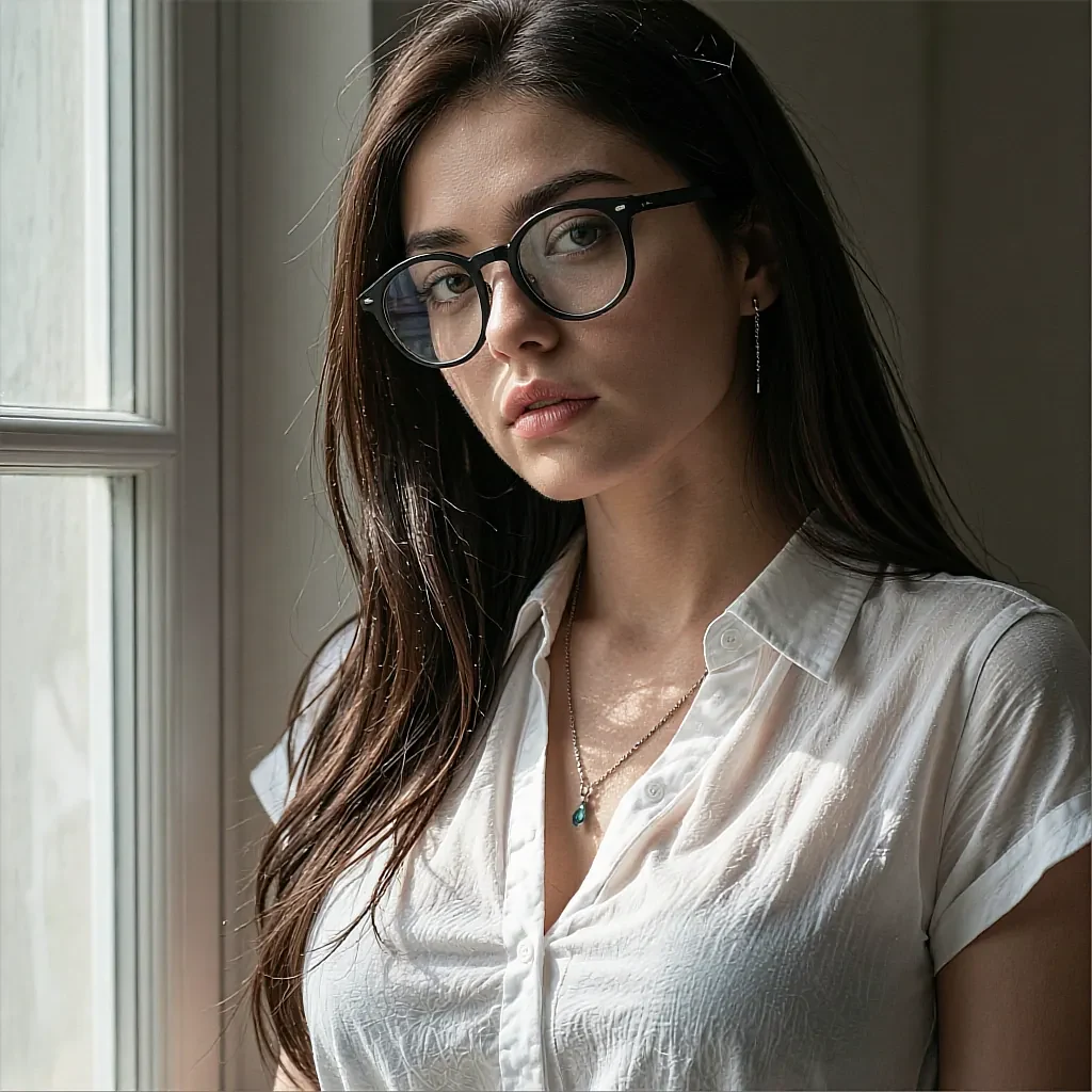 Long brunette hair, black-rimmed glasses, white button-up shirt, pendant necklace near a sunlit window