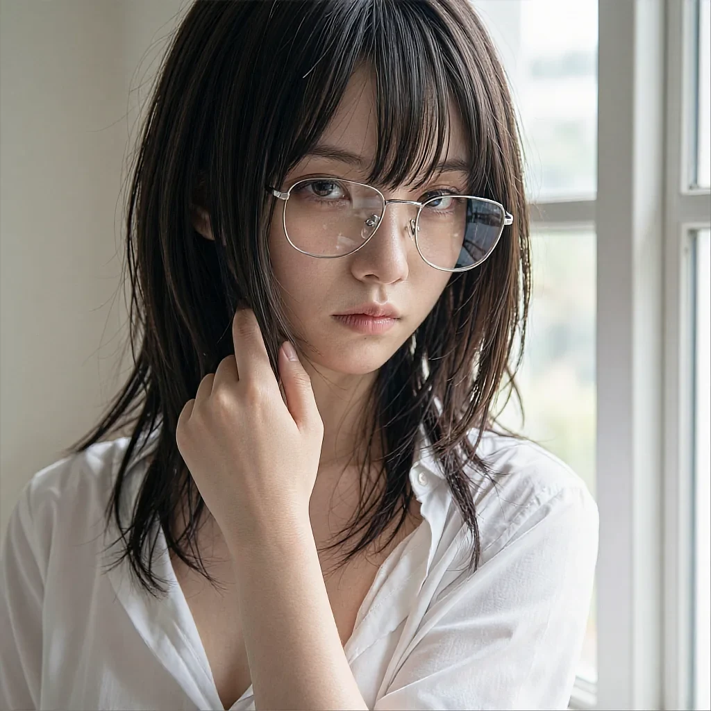 Dark layered hair, thin wire glasses, white open-collar shirt, hand near chin by bright window