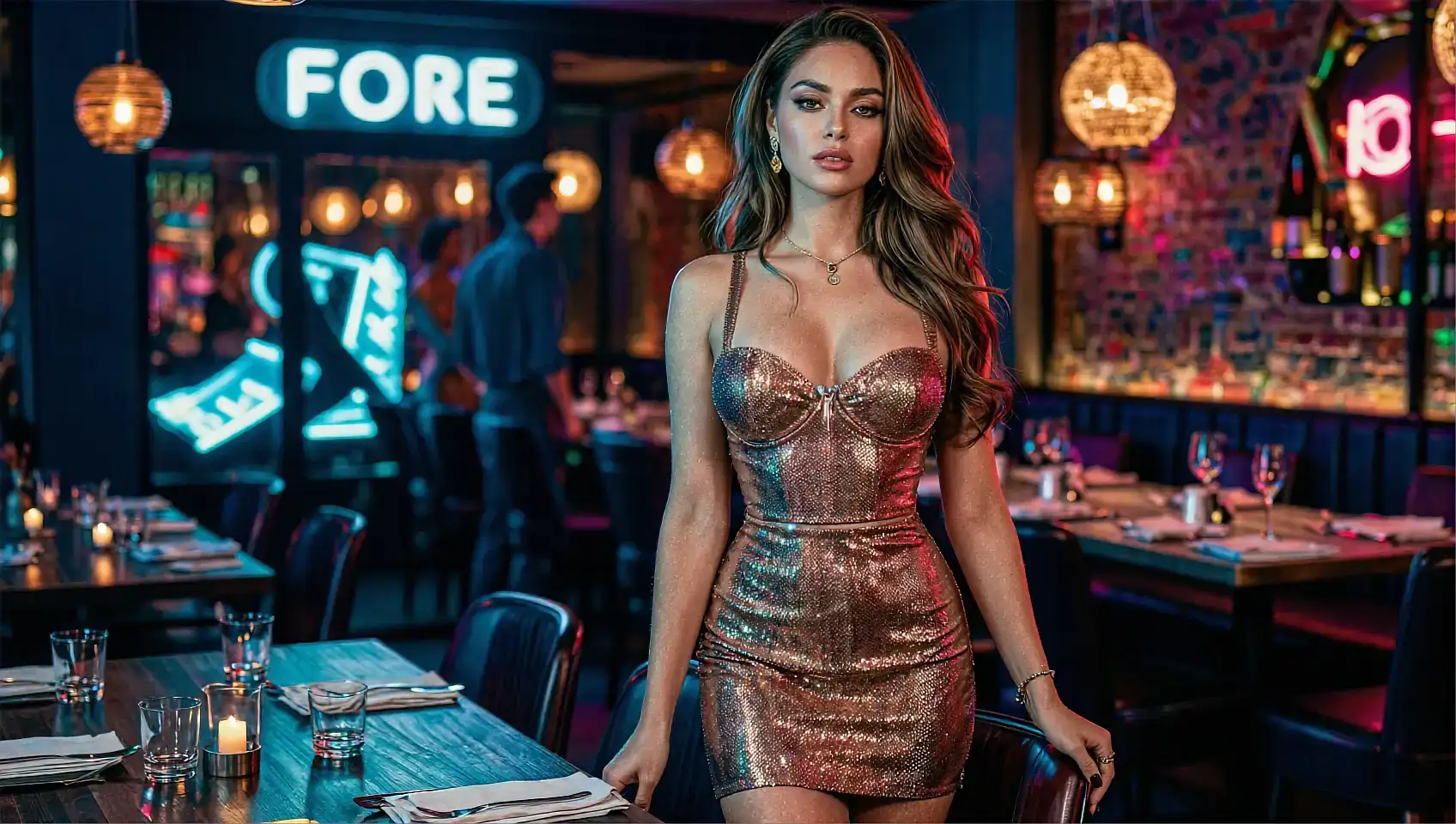 Brunette in glittering gold bustier mini dress standing in a neon-lit restaurant with candle-topped tables