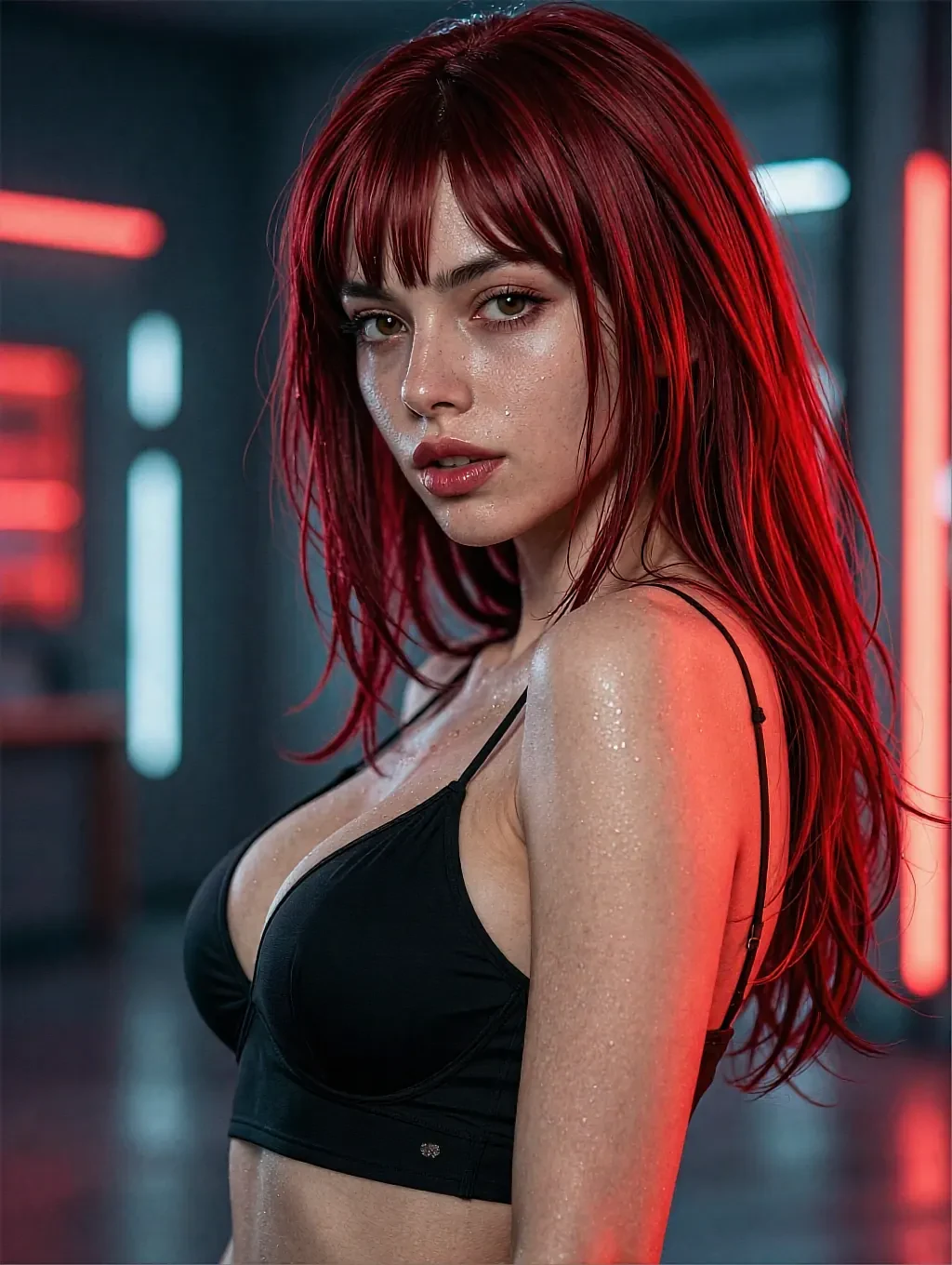 Red hair with bangs, black sports bralette, half-turned profile in a red neon-lit industrial space