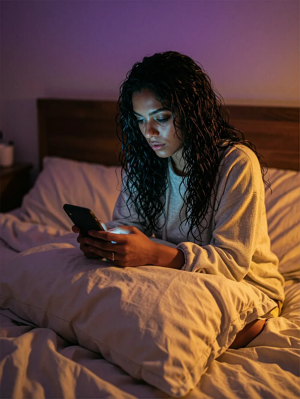 Tight dark curls, grey oversized sweatshirt, sitting in bed at night scrolling phone, purple glow
