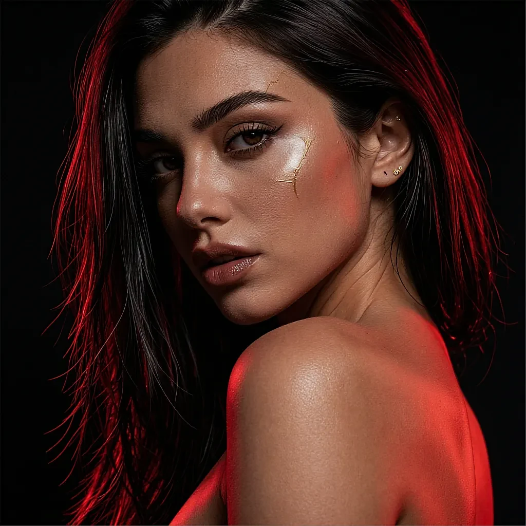 Dark hair, bare shoulders, gold kintsugi-style highlight on cheek, dramatic red back-lighting
