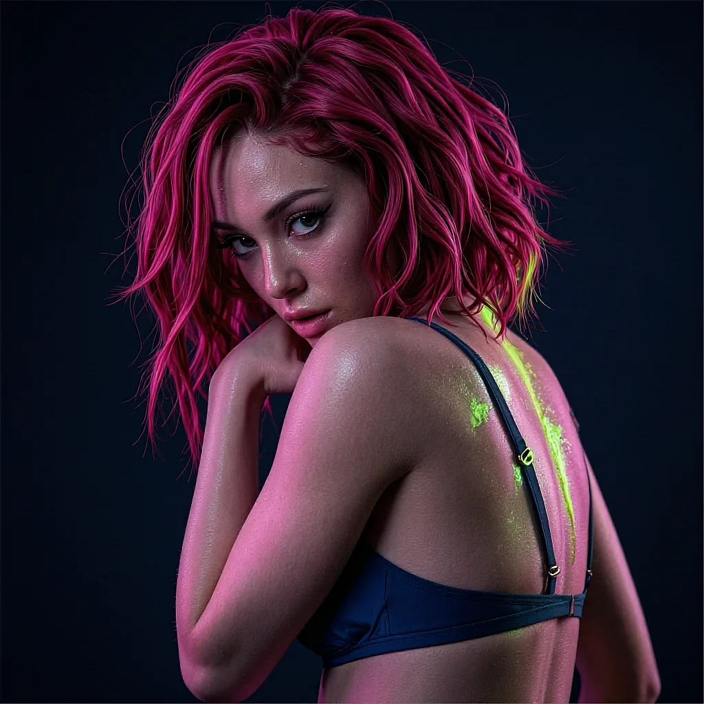 Hot-pink messy bob, green eyes, navy sports bra with neon-green paint on shoulder, dark background